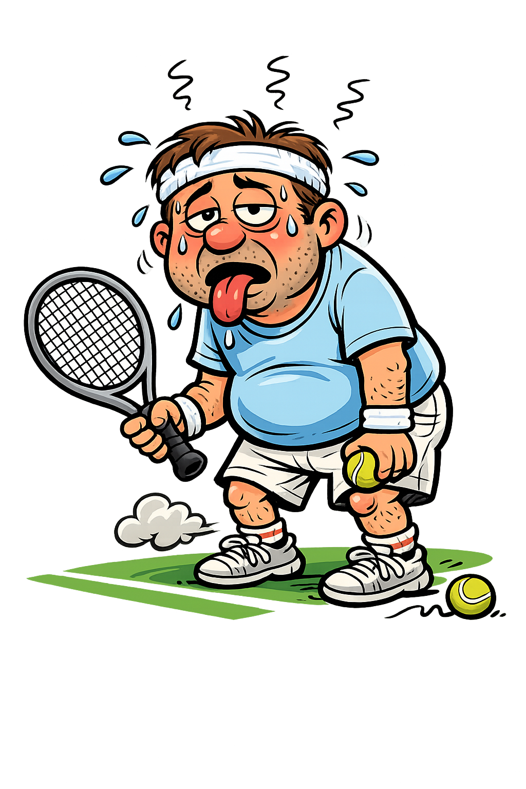 Exhausted tennis player, mid-rally